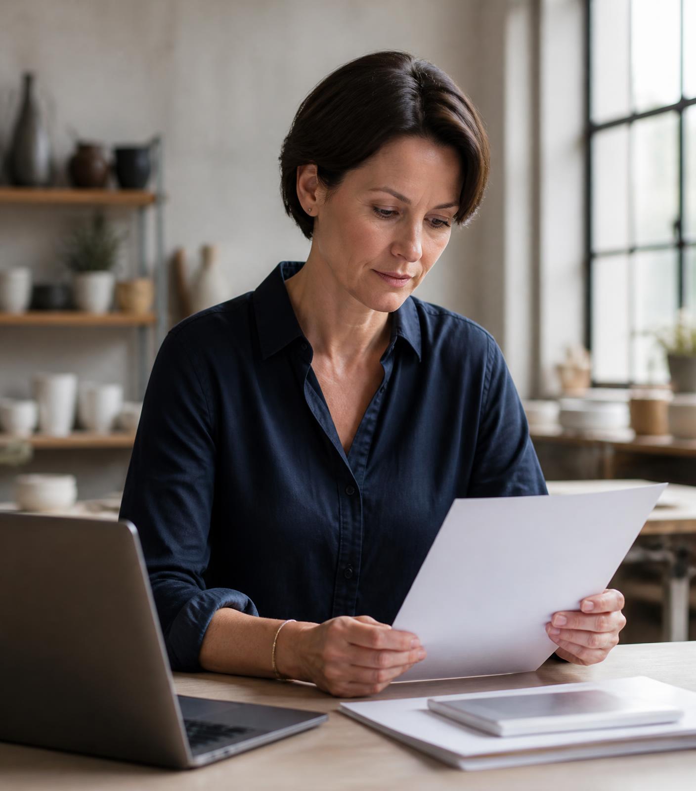 Australian business owner reviewing an overdue invoice at her workshop desk